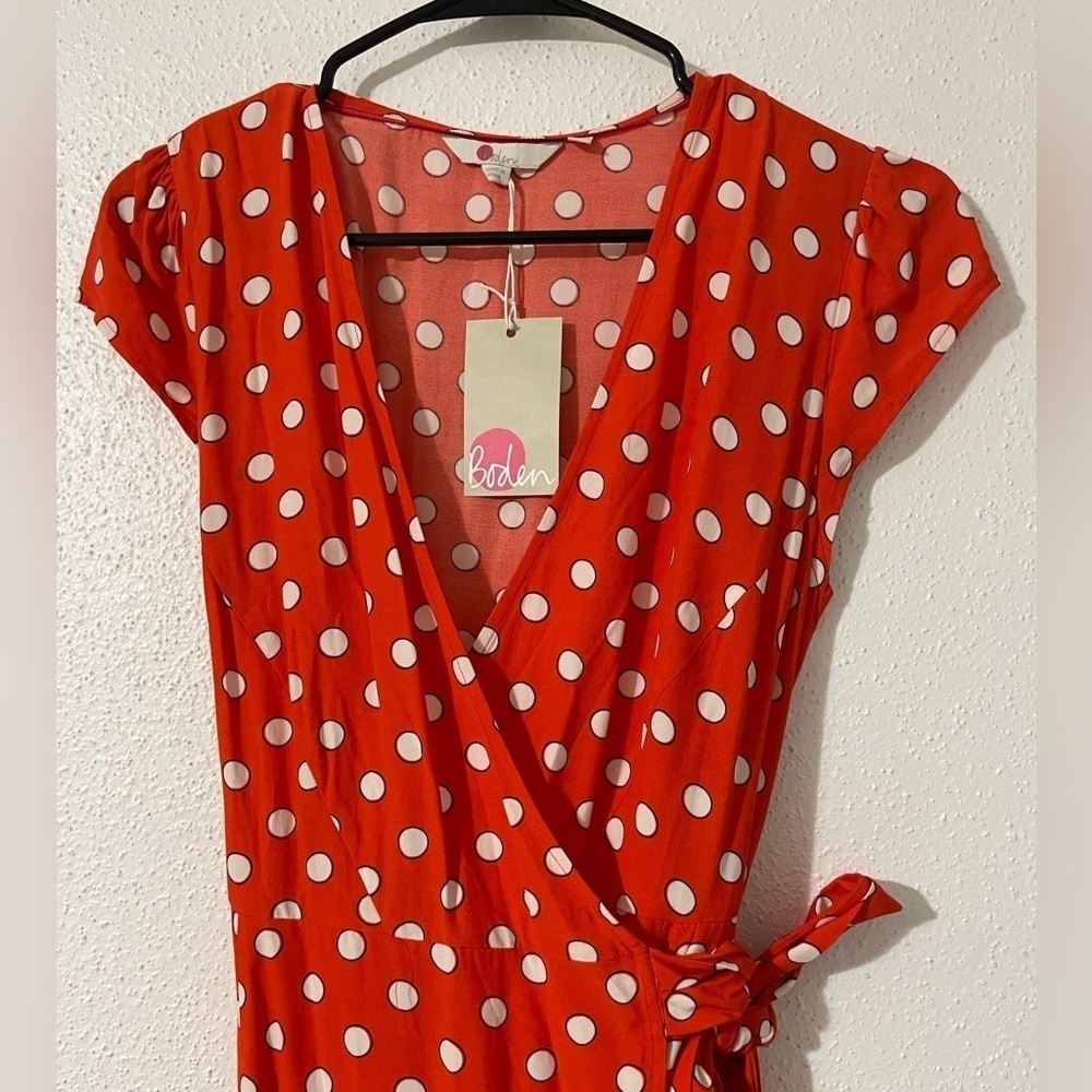NWT Boden Antonia Polka Dot Cap Sleeve Midi Wrap Dress Blood Orange Size 6R - Picture 5 of 16